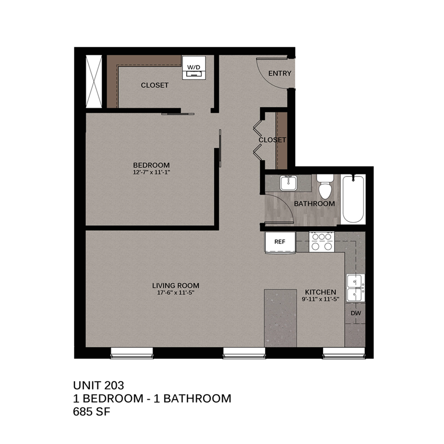 Floor plan for 1 bed, 1 bath, 743 sqft